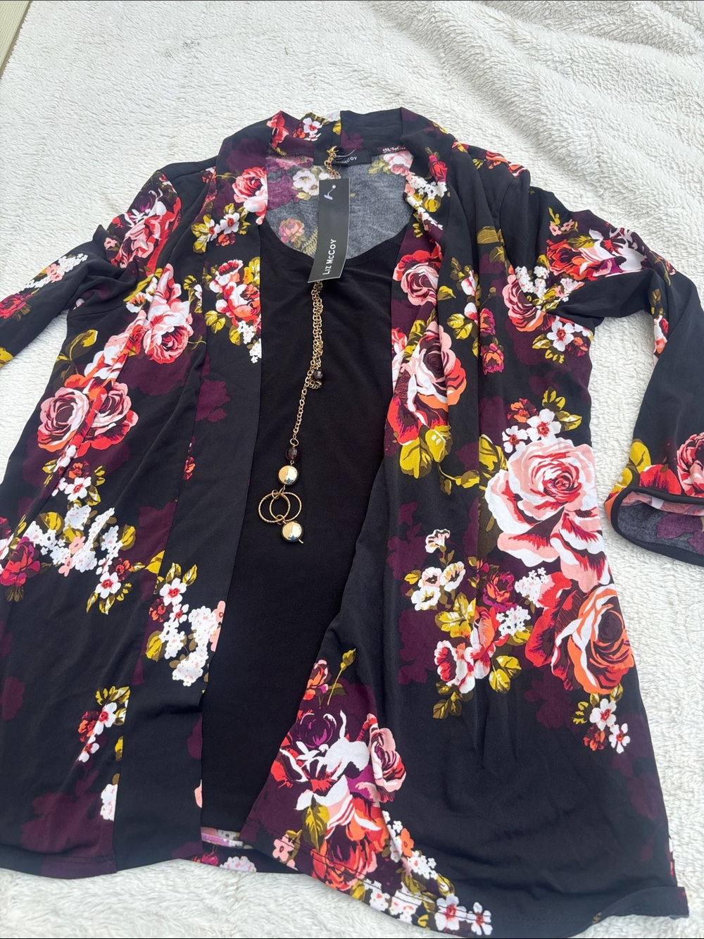 Mccoy Black Floral Accent Top with Pink and Yellow Roses